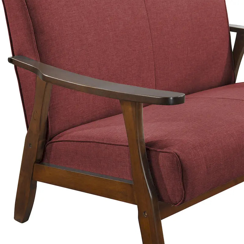 Sofá biplaza de lino y madera de estilo moderno de mediados de siglo
