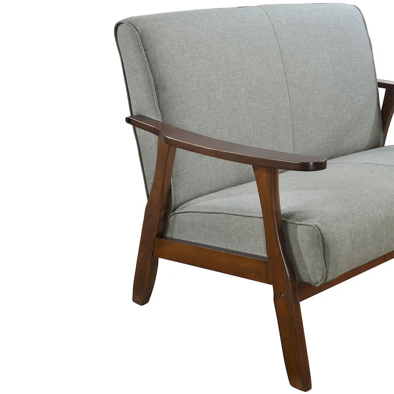 Sofá biplaza de lino y madera de estilo moderno de mediados de siglo