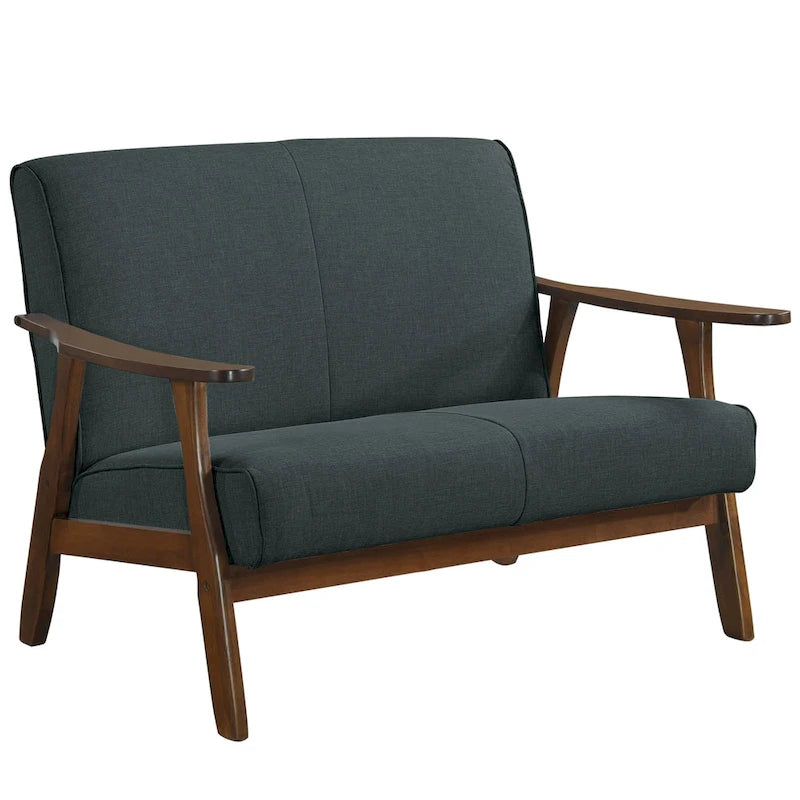 Sofá biplaza de lino y madera de estilo moderno de mediados de siglo