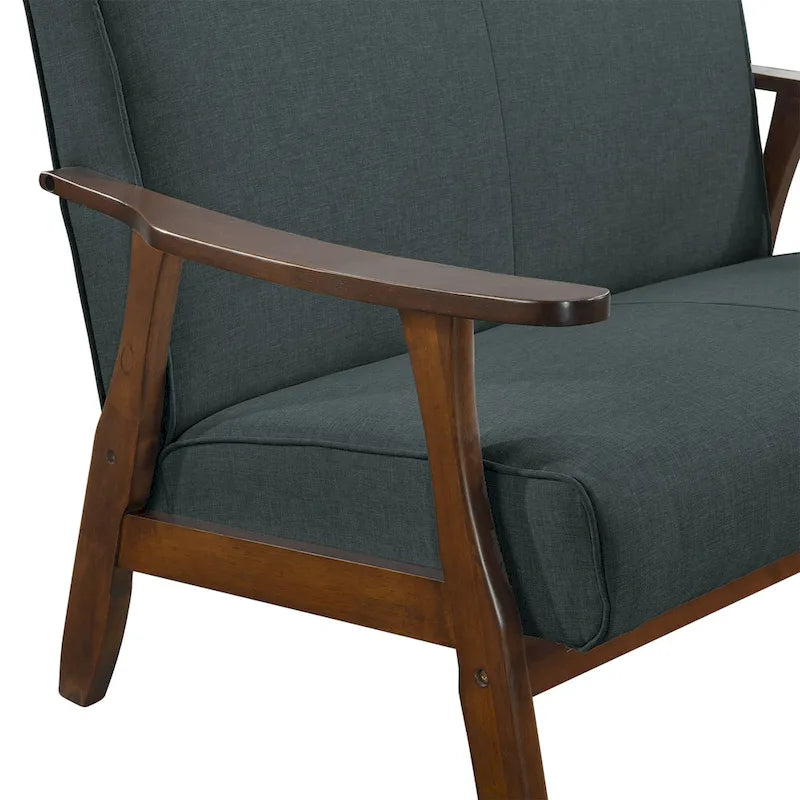 Sofá biplaza de lino y madera de estilo moderno de mediados de siglo