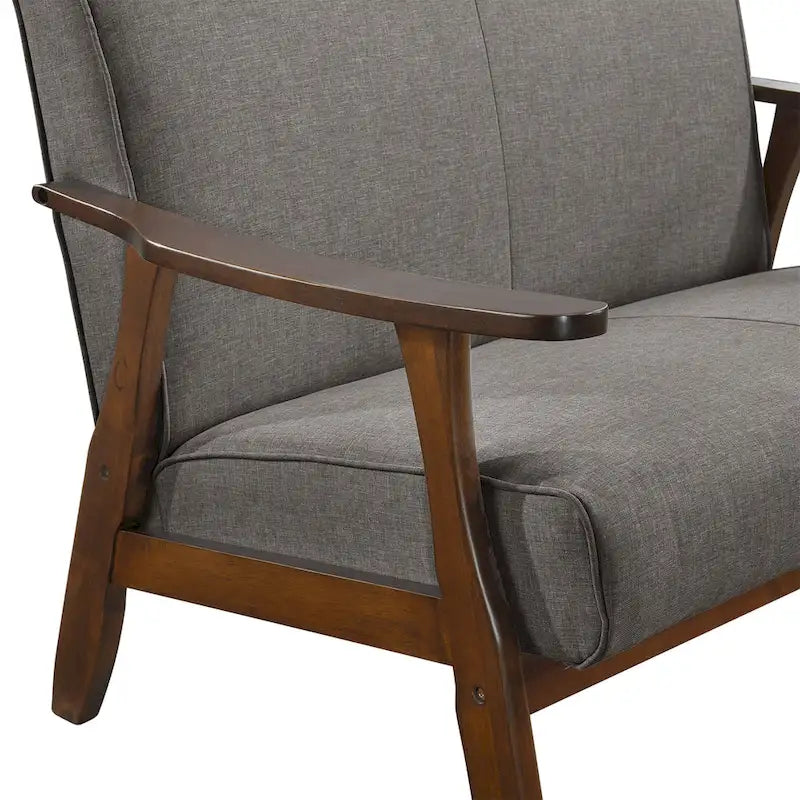 Sofá biplaza de lino y madera de estilo moderno de mediados de siglo