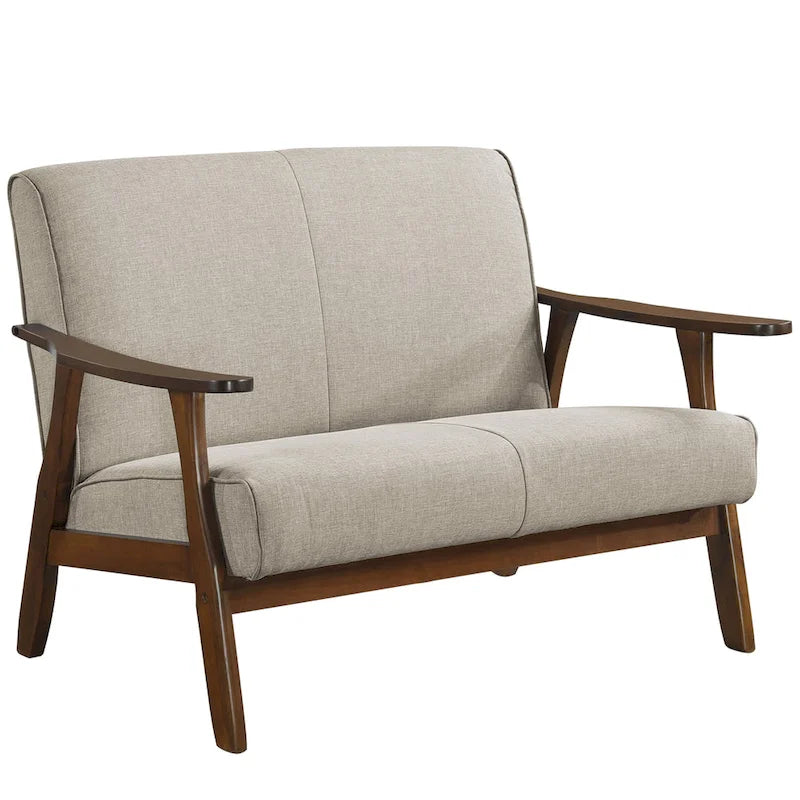 Sofá biplaza de lino y madera de estilo moderno de mediados de siglo