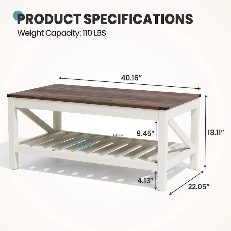 Table basse de salon avec étagère de rangement, table centrale pour canapé - 40.16 W x 22.05 D x 18.11 H