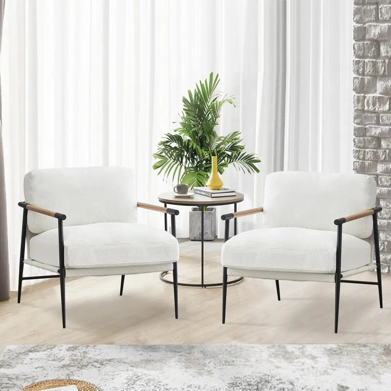 Set aus 2 Akzentstühlen, weiße Chenille-Armlehnstühle fürs Wohnzimmer im Mid-Century-Modern-Stil, Metallbeine, furnierte Metallarmlehnen, 2 Stück