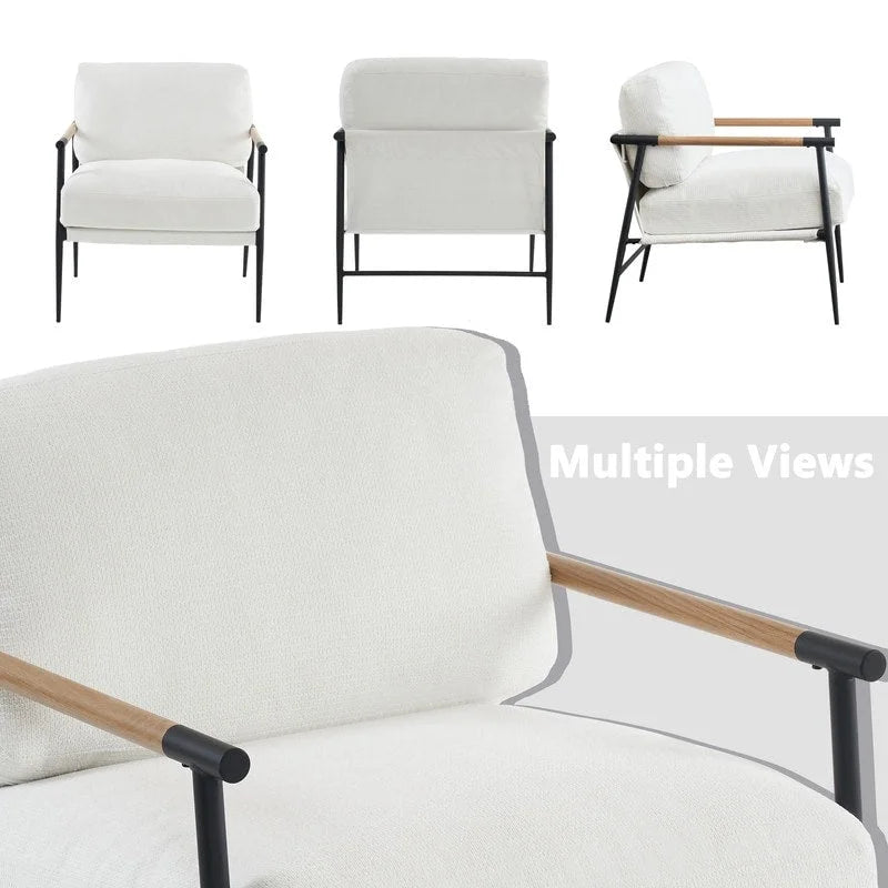 Set aus 2 Akzentstühlen, weiße Chenille-Armlehnstühle fürs Wohnzimmer im Mid-Century-Modern-Stil, Metallbeine, furnierte Metallarmlehnen, 2 Stück