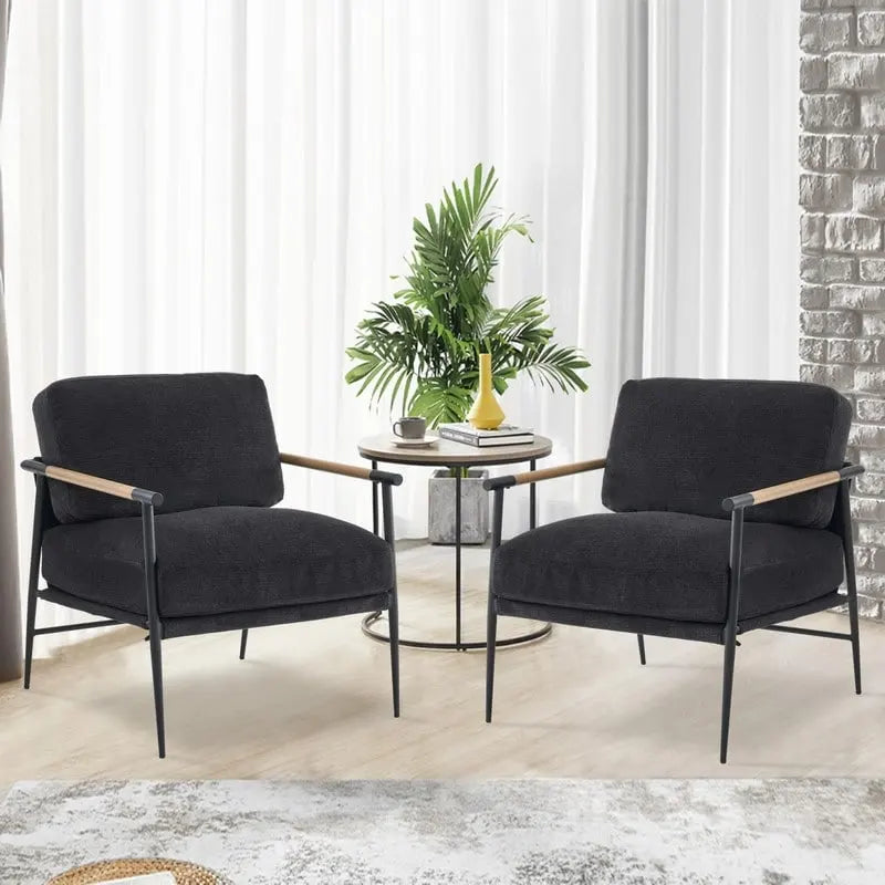 Set aus 2 Akzentstühlen, weiße Chenille-Armlehnstühle fürs Wohnzimmer im Mid-Century-Modern-Stil, Metallbeine, furnierte Metallarmlehnen, 2 Stück