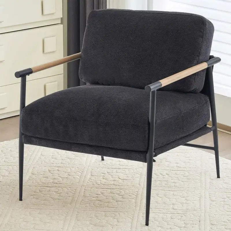 Set aus 2 Akzentstühlen, weiße Chenille-Armlehnstühle fürs Wohnzimmer im Mid-Century-Modern-Stil, Metallbeine, furnierte Metallarmlehnen, 2 Stück