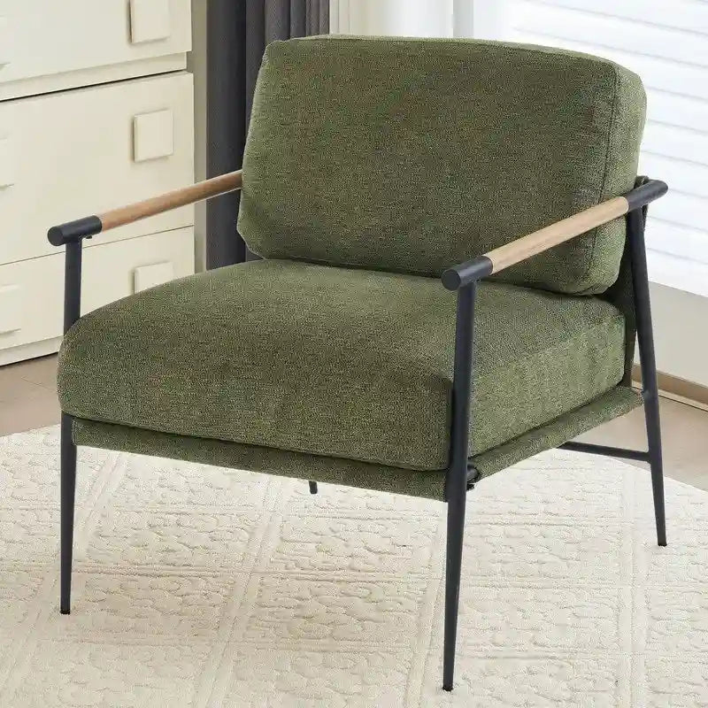 Set aus 2 Akzentstühlen, weiße Chenille-Armlehnstühle fürs Wohnzimmer im Mid-Century-Modern-Stil, Metallbeine, furnierte Metallarmlehnen, 2 Stück