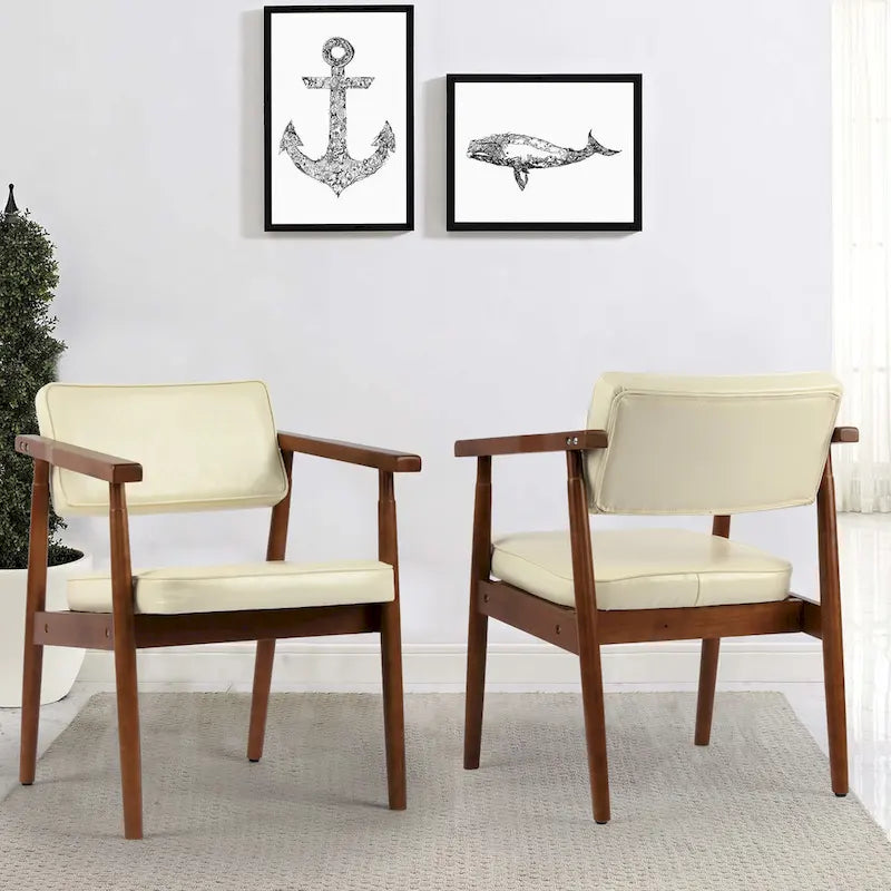 Walnut Faux Leather Upholstered Dining Chair Padded Armchair Solid Wood Open Back