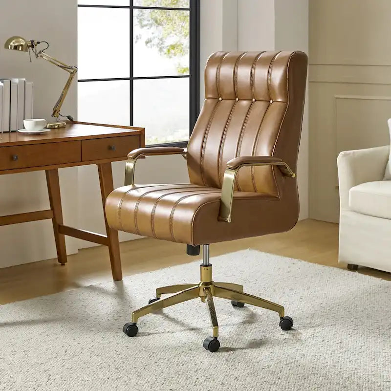 Dreh- und kippbarer Bürostuhl aus veganem Leder im Mid-Century-Modern-Stil mit kanalgetuftetem Bezug und Metallfüßen