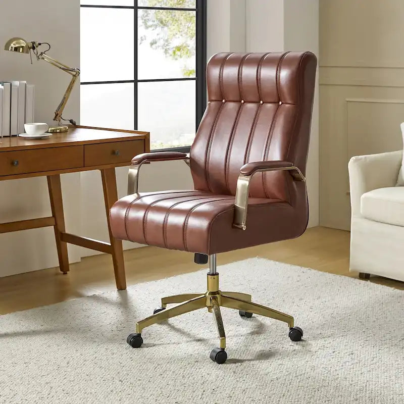 Chaise de bureau pivotante et inclinable en cuir végétalien, style moderne du milieu du siècle, capitonnée à canaux, avec pieds en métal