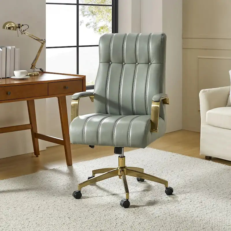 Chaise de bureau pivotante et inclinable en cuir végétalien, style moderne du milieu du siècle, capitonnée à canaux, avec pieds en métal