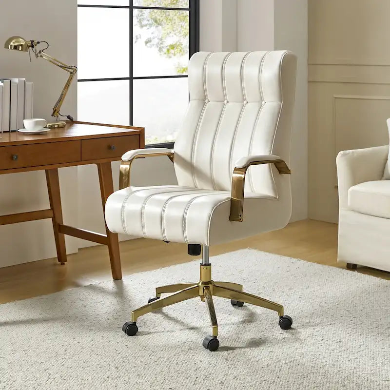 Chaise de bureau pivotante et inclinable en cuir végétalien, style moderne du milieu du siècle, capitonnée à canaux, avec pieds en métal