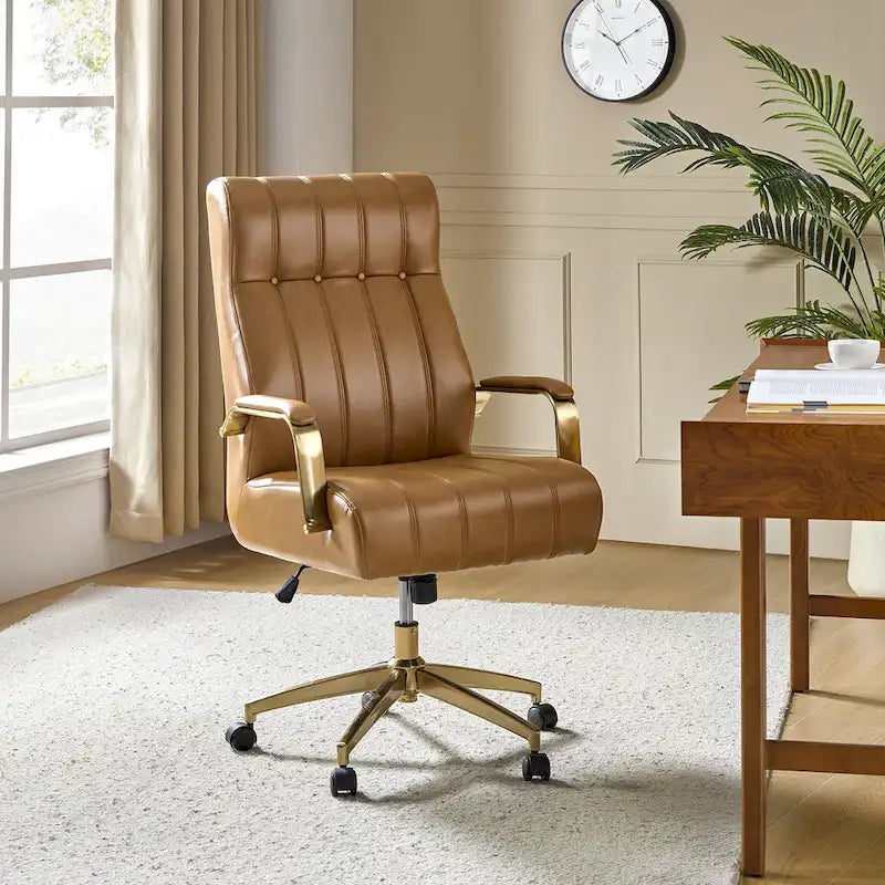 Dreh- und kippbarer Bürostuhl aus veganem Leder im Mid-Century-Modern-Stil mit kanalgetuftetem Bezug und Metallfüßen