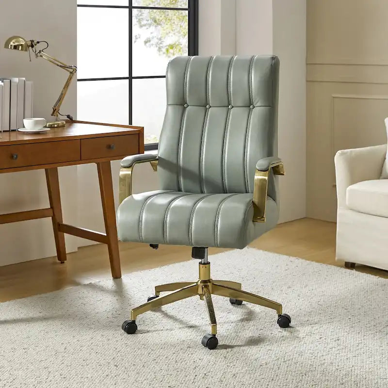 Dreh- und kippbarer Bürostuhl aus veganem Leder im Mid-Century-Modern-Stil mit kanalgetuftetem Bezug und Metallfüßen