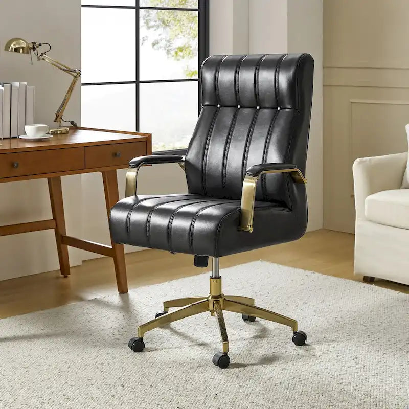 Dreh- und kippbarer Bürostuhl aus veganem Leder im Mid-Century-Modern-Stil mit kanalgetuftetem Bezug und Metallfüßen