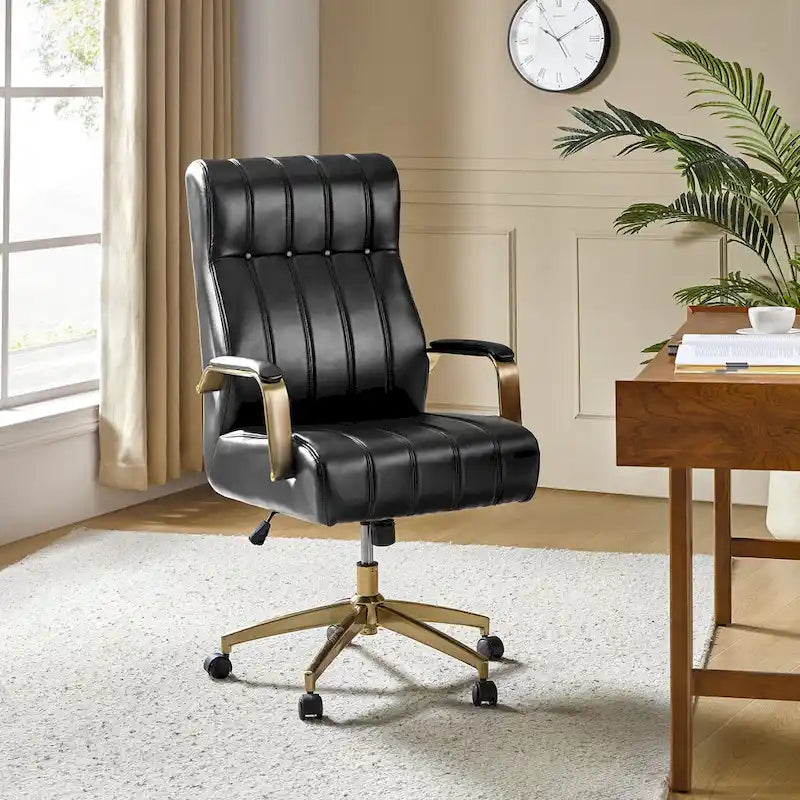 Dreh- und kippbarer Bürostuhl aus veganem Leder im Mid-Century-Modern-Stil mit kanalgetuftetem Bezug und Metallfüßen