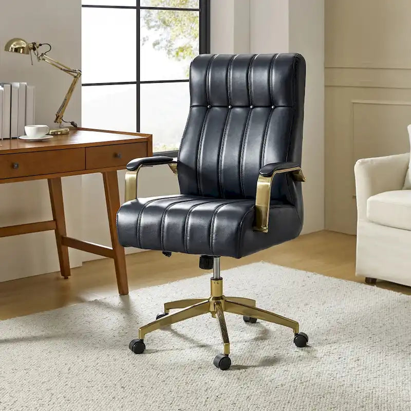 Dreh- und kippbarer Bürostuhl aus veganem Leder im Mid-Century-Modern-Stil mit kanalgetuftetem Bezug und Metallfüßen