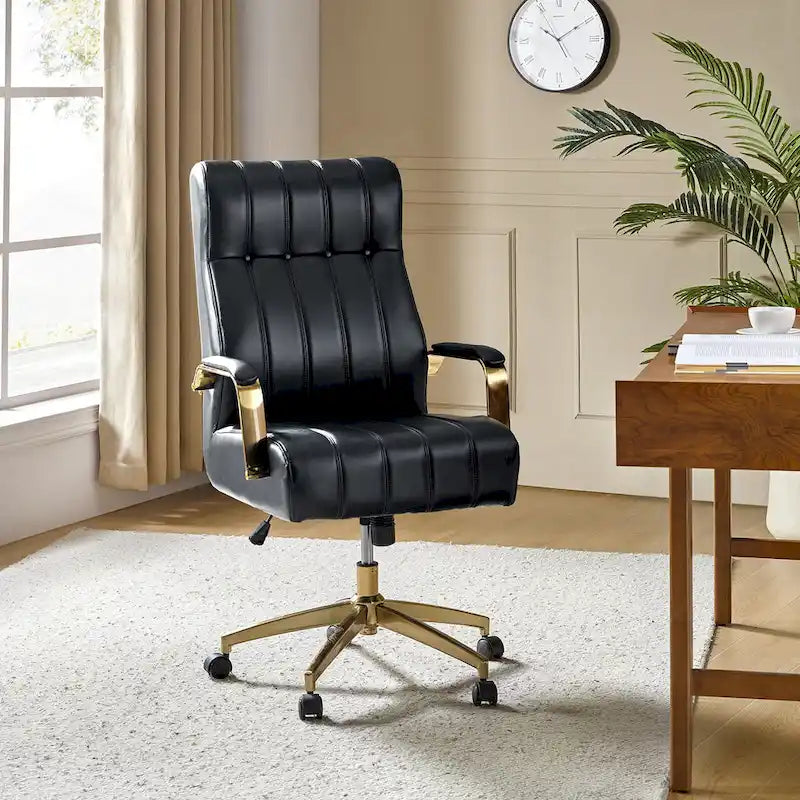 Dreh- und kippbarer Bürostuhl aus veganem Leder im Mid-Century-Modern-Stil mit kanalgetuftetem Bezug und Metallfüßen