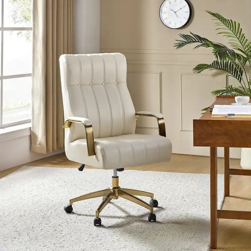 Dreh- und kippbarer Bürostuhl aus veganem Leder im Mid-Century-Modern-Stil mit kanalgetuftetem Bezug und Metallfüßen