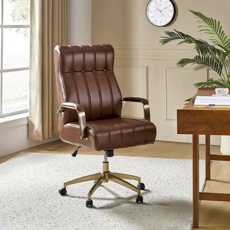 Dreh- und kippbarer Bürostuhl aus veganem Leder im Mid-Century-Modern-Stil mit kanalgetuftetem Bezug und Metallfüßen