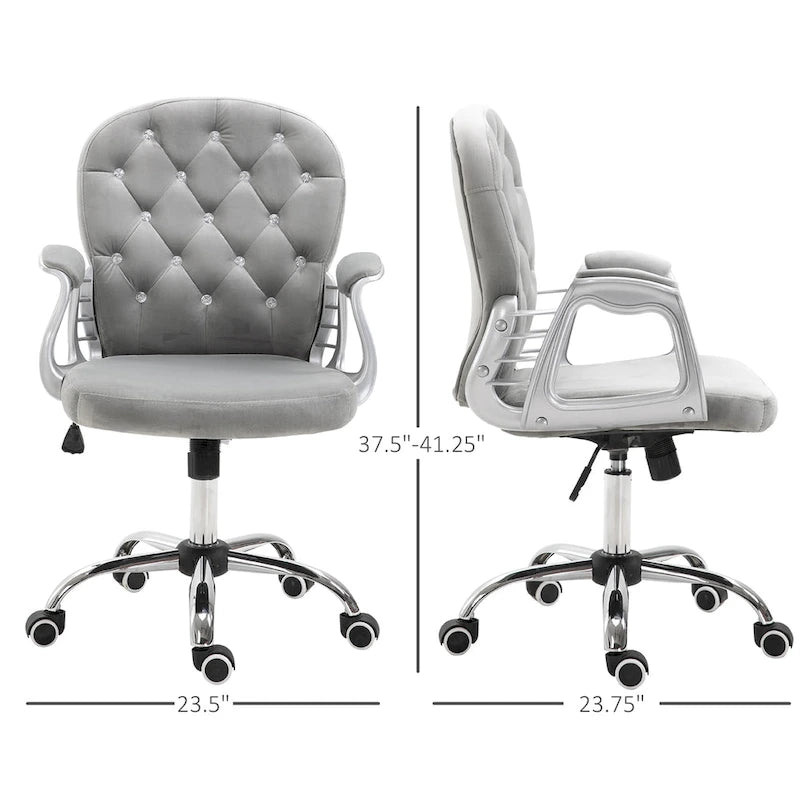 Silla de oficina con respaldo medio para tocador, respaldo capitoné, giratoria, con ruedas, reposabrazos ajustables en altura