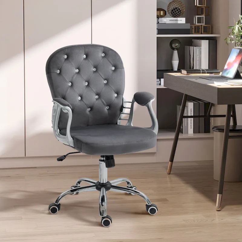 Silla de oficina con respaldo medio para tocador, respaldo capitoné, giratoria, con ruedas, reposabrazos ajustables en altura