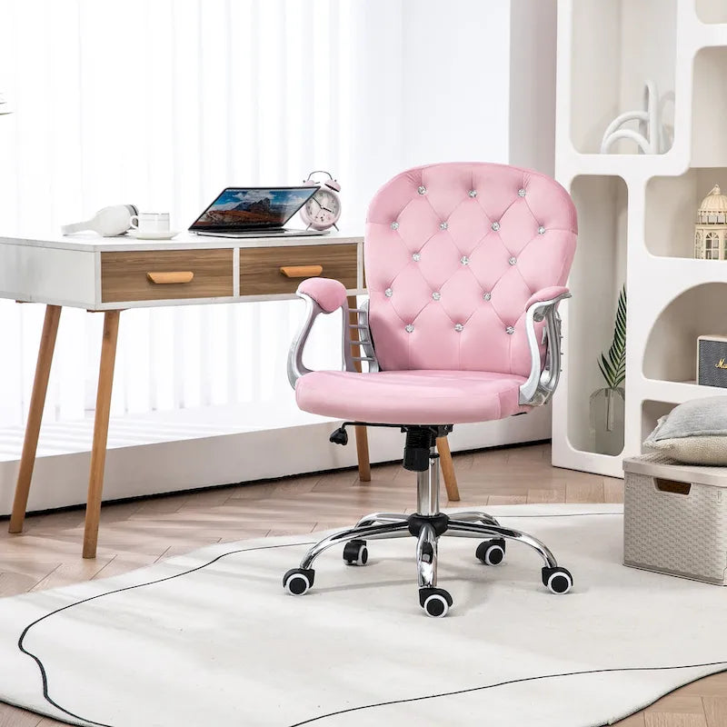 Silla de oficina con respaldo medio para tocador, respaldo capitoné, giratoria, con ruedas, reposabrazos ajustables en altura
