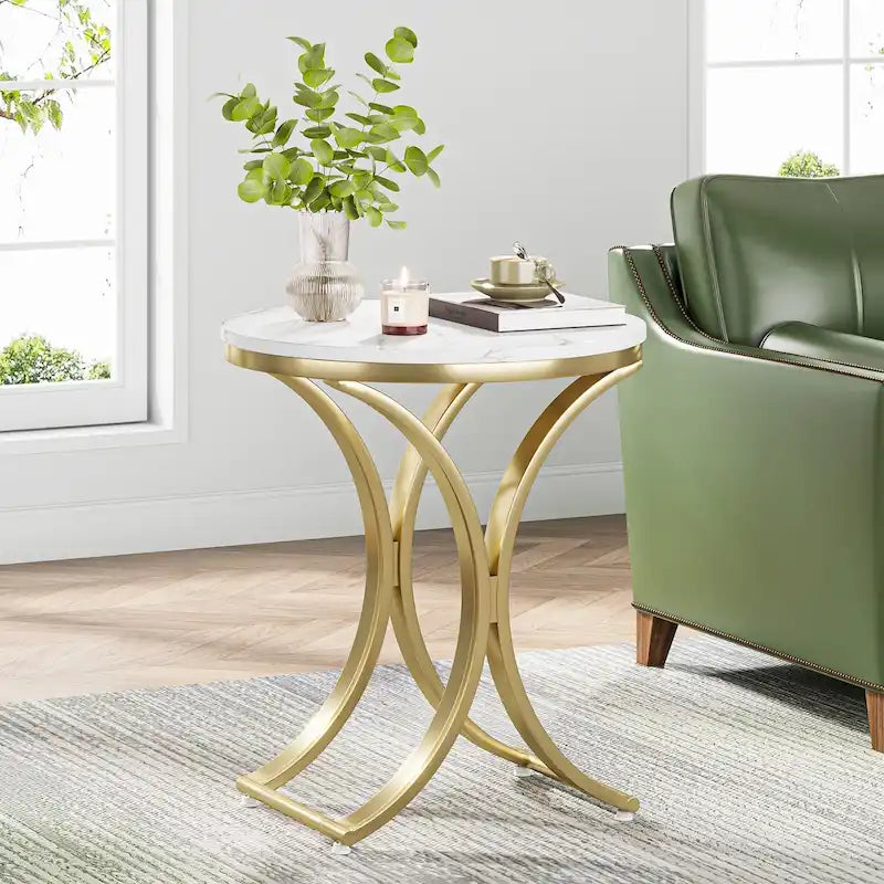 Weiß-goldener runder Beistelltisch, moderner kleiner Couchtisch, C-förmiger Akzenttisch