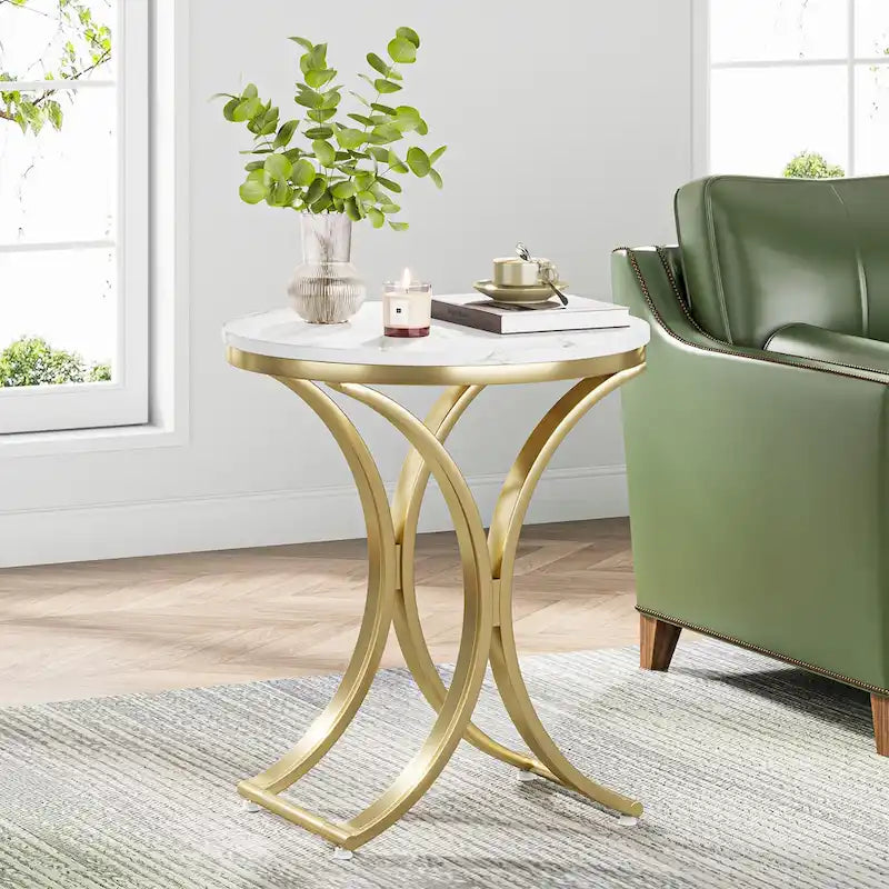 Weiß-goldener runder Beistelltisch, moderner kleiner Couchtisch, C-förmiger Akzenttisch