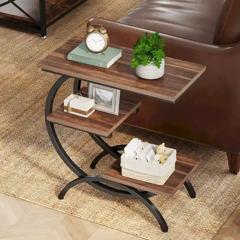 C-förmiger Beistelltisch, industrieller 3-stufiger Beistelltisch, Holz-Nachttisch