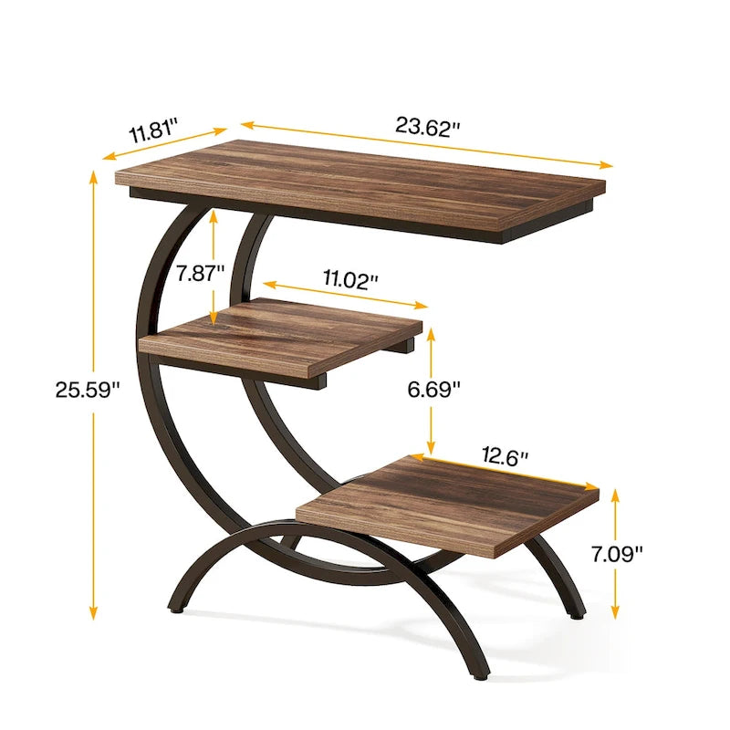 C-förmiger Beistelltisch, industrieller 3-stufiger Beistelltisch, Holz-Nachttisch