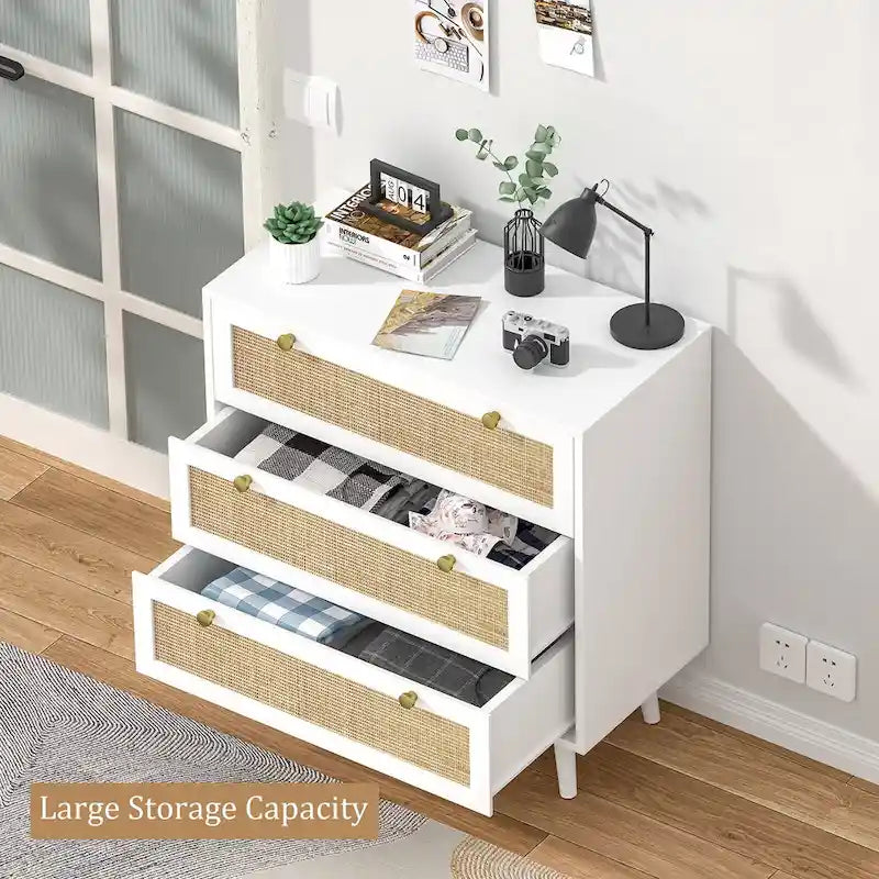 Anmytek Mid-Century Modern 3-Drawer White Dresser Rattan Chest of Drawers Storage Organizer for Bedroom