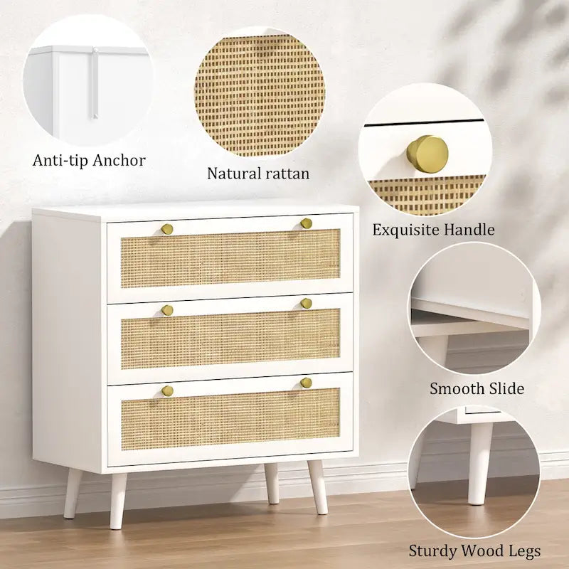 Commode blanche moderne du milieu du siècle à 3 tiroirs, en rotin, meuble de rangement pour chambre