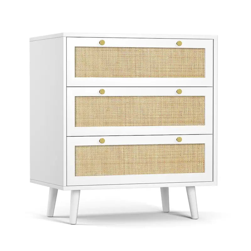 Commode blanche moderne du milieu du siècle à 3 tiroirs, en rotin, meuble de rangement pour chambre