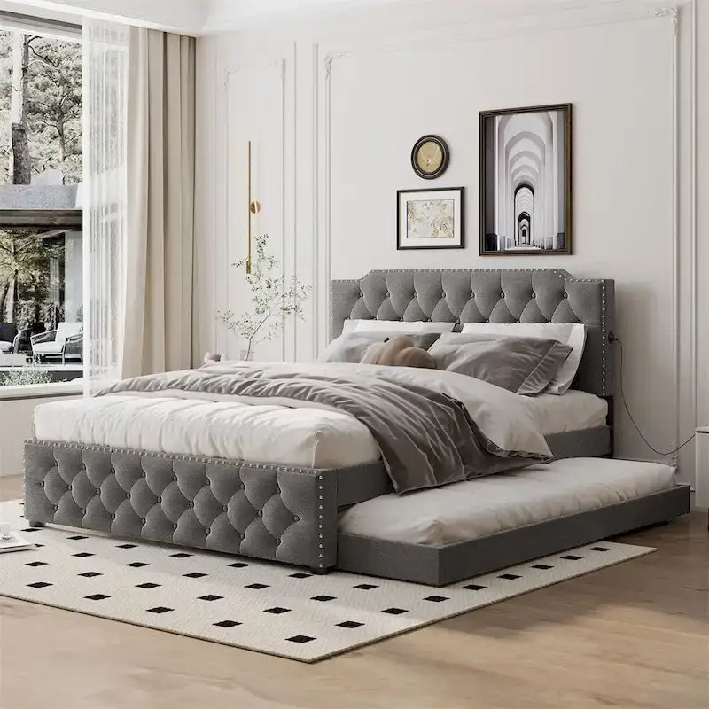 Queen Platform Bed with Twin Size Trundle and 2 USB Ports on each side