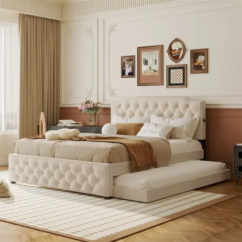 Queensize-Platformbett mit ausziehbarem Einzelbett und 2 USB-Anschlüssen auf jeder Seite