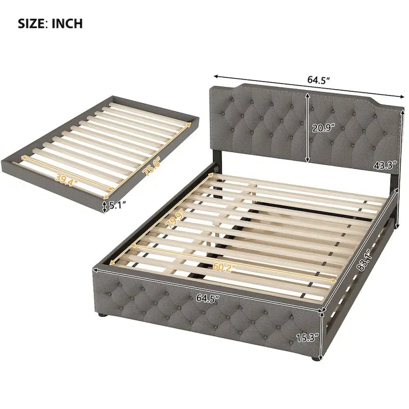 Queensize-Platformbett mit ausziehbarem Einzelbett und 2 USB-Anschlüssen auf jeder Seite