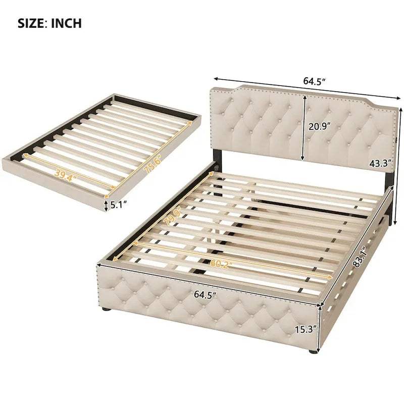 Queensize-Platformbett mit ausziehbarem Einzelbett und 2 USB-Anschlüssen auf jeder Seite