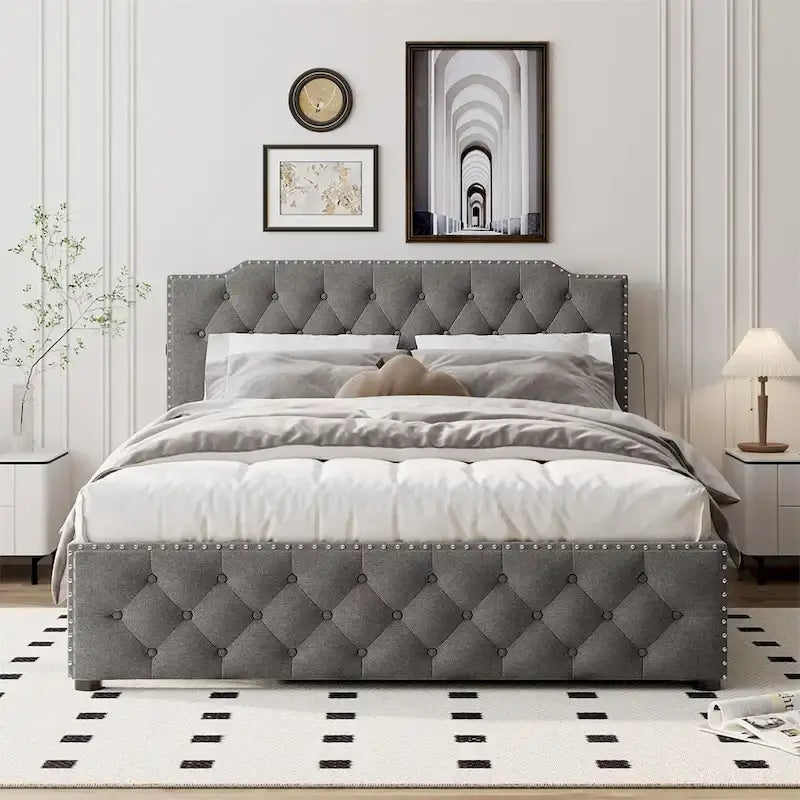 Queensize-Platformbett mit ausziehbarem Einzelbett und 2 USB-Anschlüssen auf jeder Seite