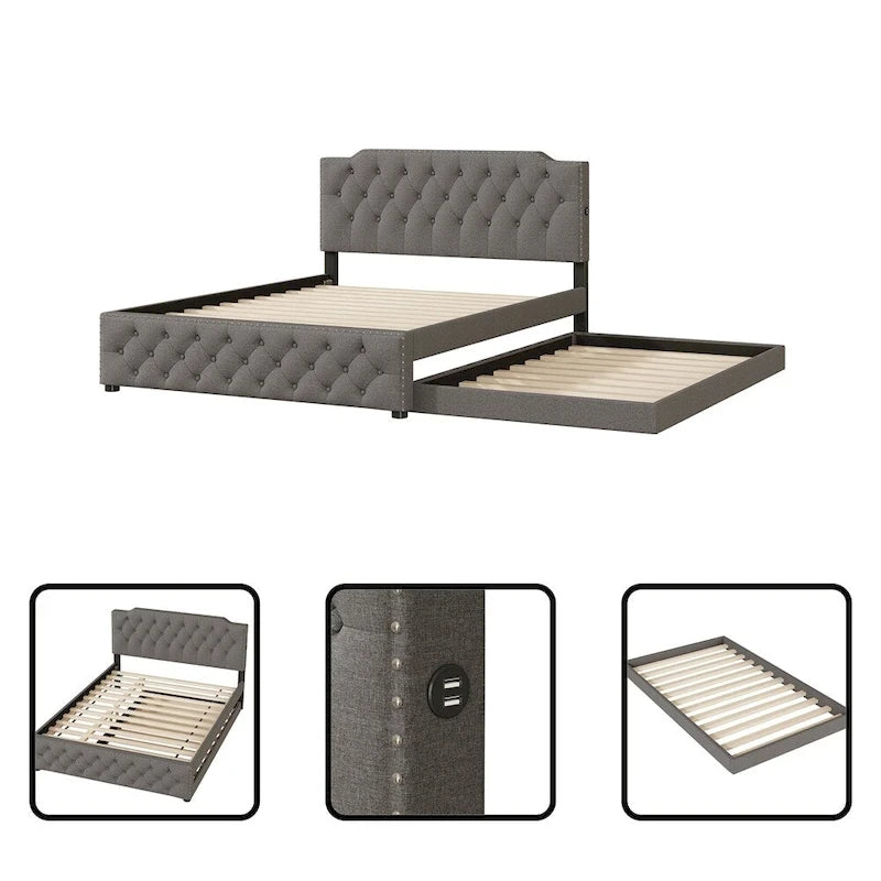 Queensize-Platformbett mit ausziehbarem Einzelbett und 2 USB-Anschlüssen auf jeder Seite