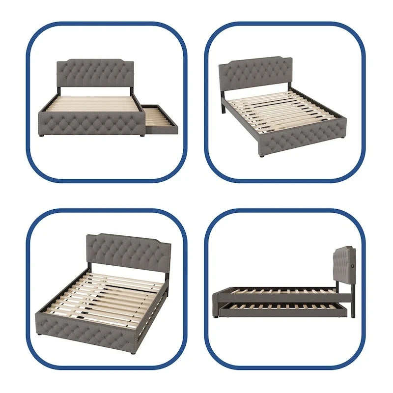 Queensize-Platformbett mit ausziehbarem Einzelbett und 2 USB-Anschlüssen auf jeder Seite