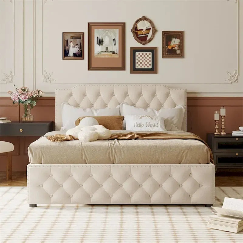 Queensize-Platformbett mit ausziehbarem Einzelbett und 2 USB-Anschlüssen auf jeder Seite