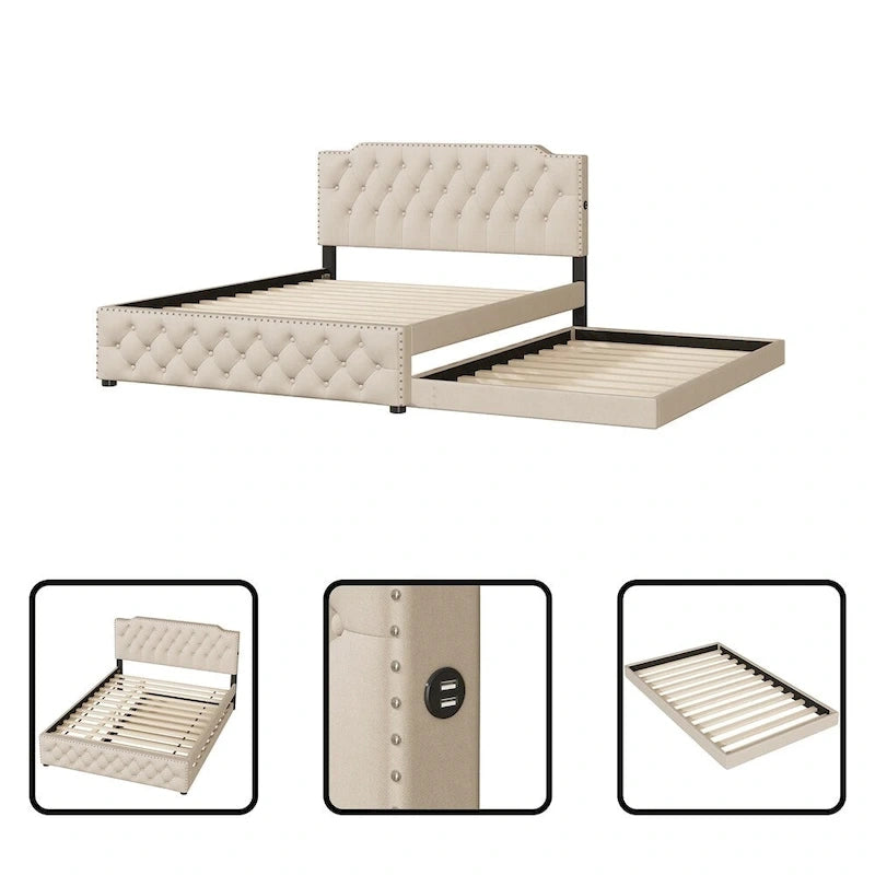 Queensize-Platformbett mit ausziehbarem Einzelbett und 2 USB-Anschlüssen auf jeder Seite