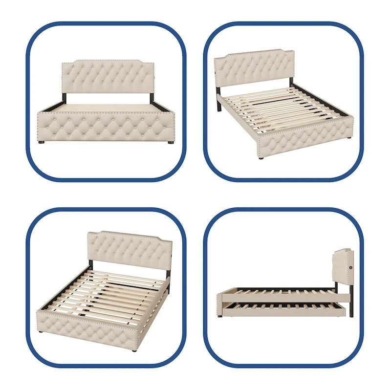Queensize-Platformbett mit ausziehbarem Einzelbett und 2 USB-Anschlüssen auf jeder Seite