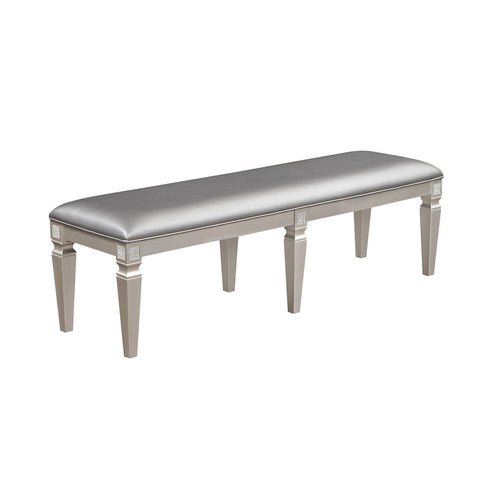 Scott 60 Inch Dining Bench, Sparkling Silver Gray Faux Leather, Wood Frame