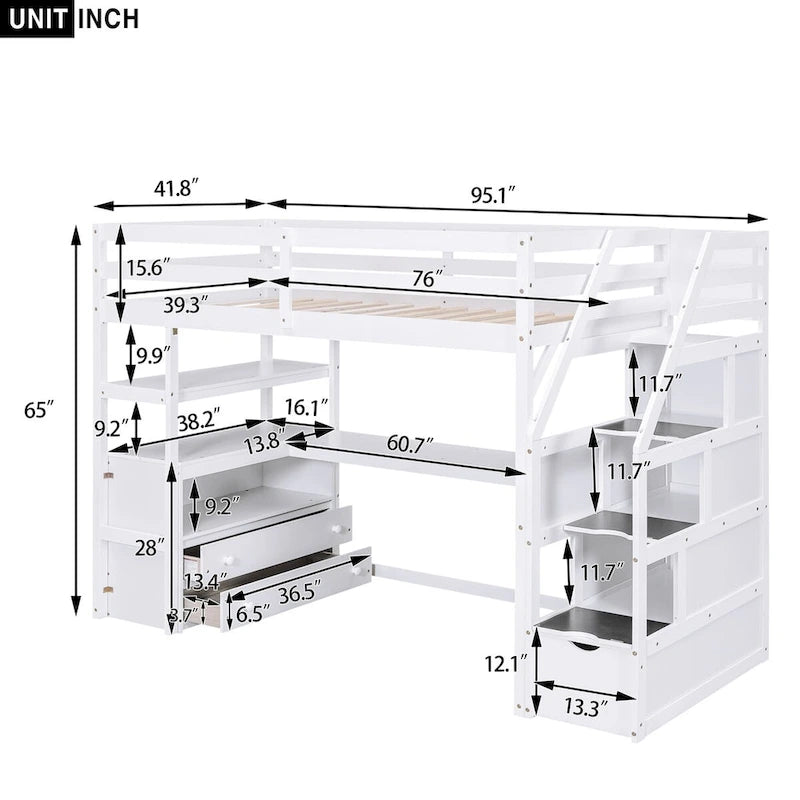 Lit mezzanine une place avec bureau et étagères