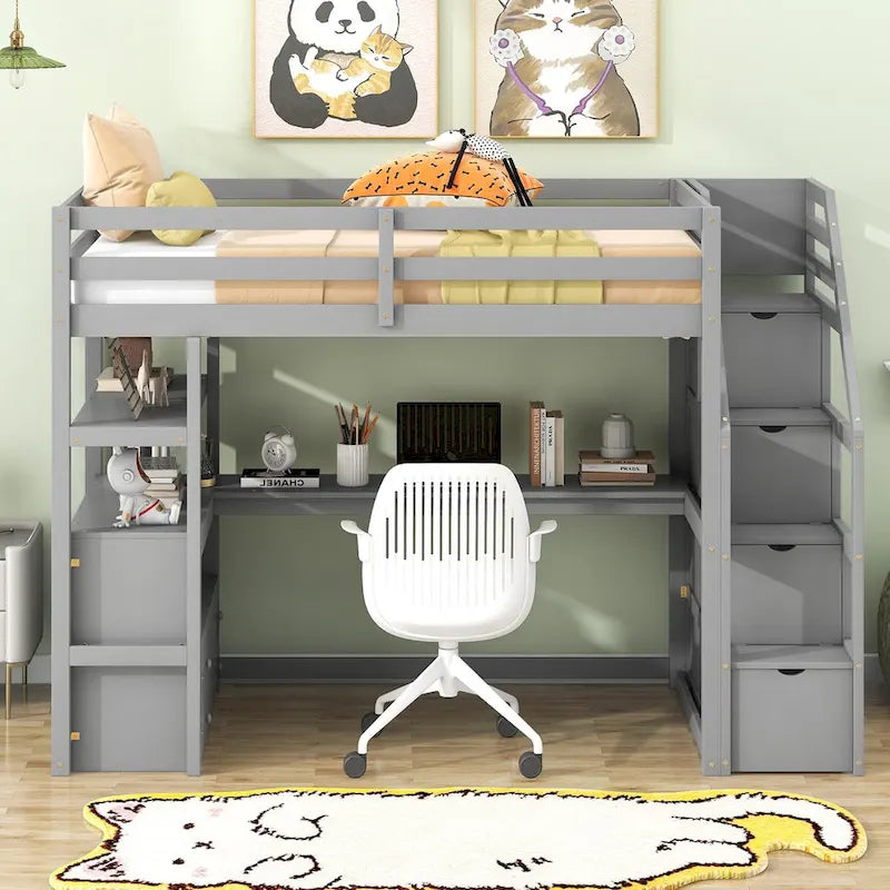 Lit mezzanine une place avec bureau et étagères