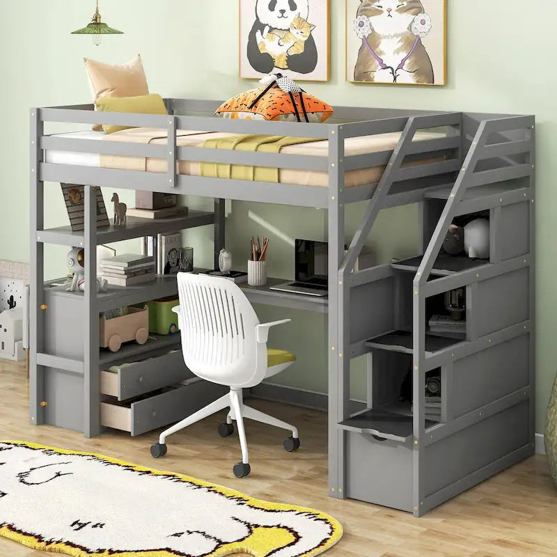 Lit mezzanine une place avec bureau et étagères