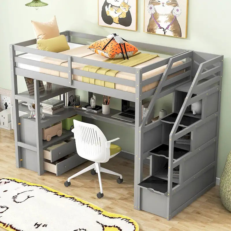 Lit mezzanine une place avec bureau et étagères